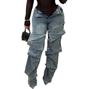 Women's Baggy Cargo Jeans High Waisted Wide Leg Detachable Denim Casual